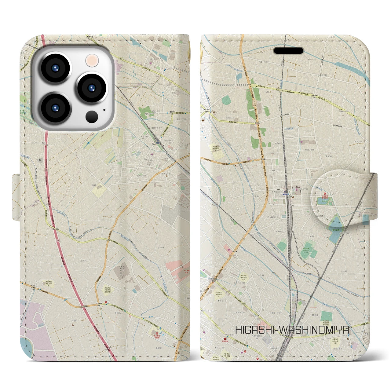 【東鷲宮】地図柄iPhoneケース（手帳両面タイプ・ナチュラル）iPhone 13 Pro 用