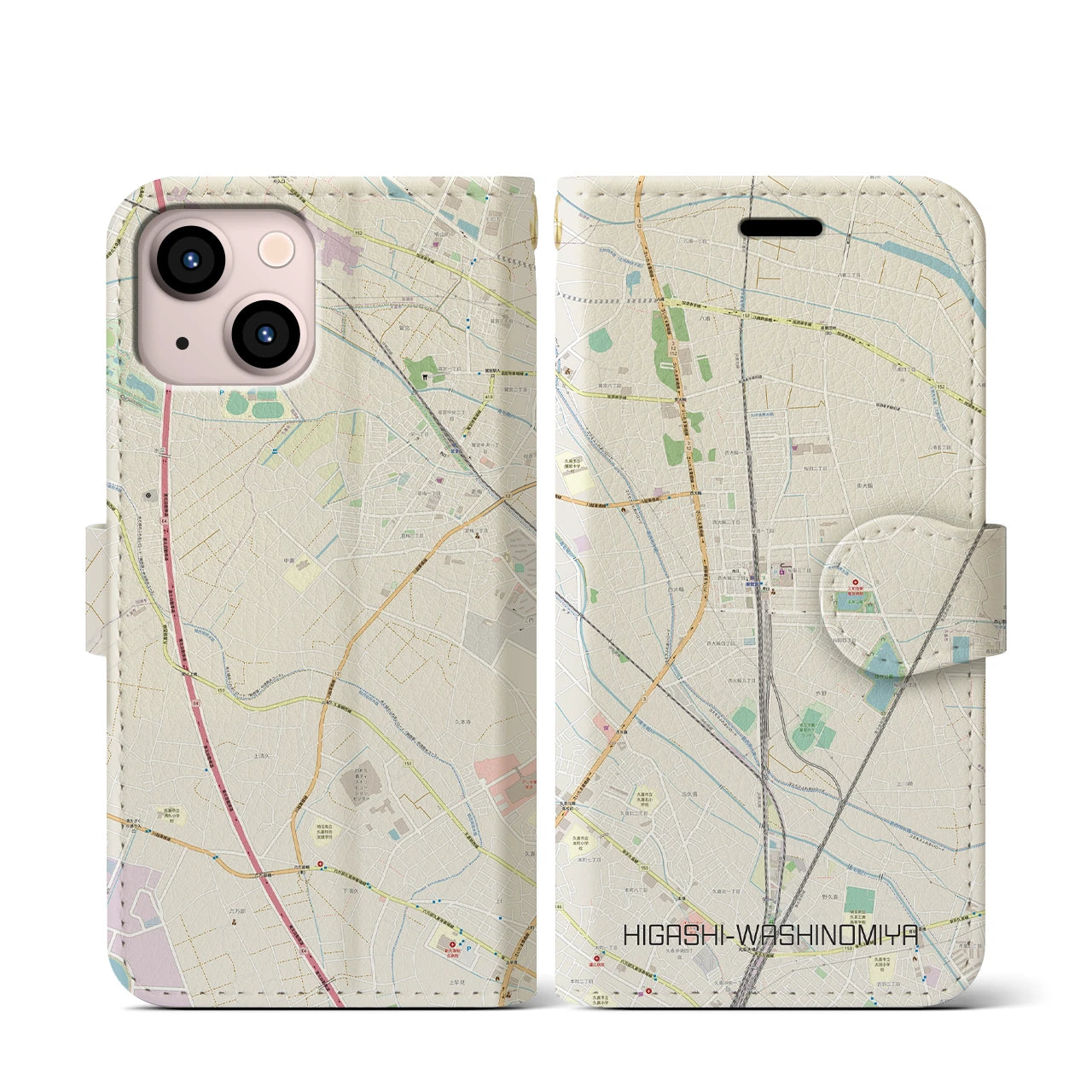 【東鷲宮】地図柄iPhoneケース（手帳両面タイプ・ナチュラル）iPhone 13 mini 用
