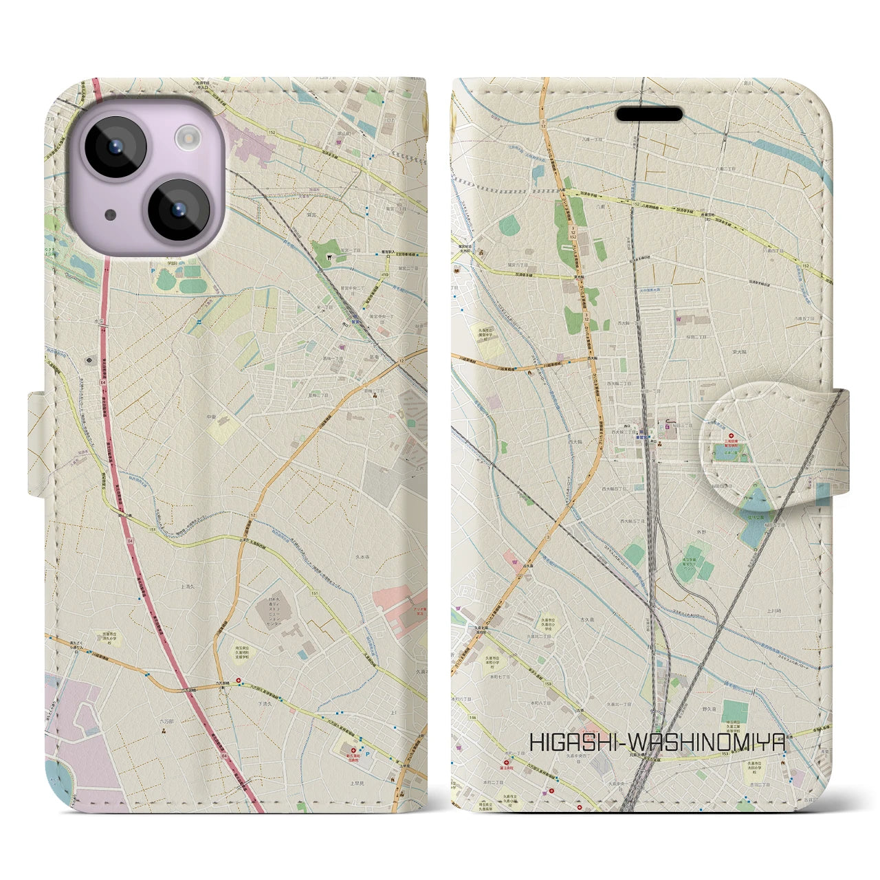 【東鷲宮】地図柄iPhoneケース（手帳両面タイプ・ナチュラル）iPhone 14 用