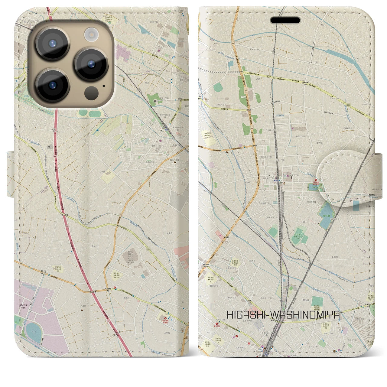 【東鷲宮】地図柄iPhoneケース（手帳両面タイプ・ナチュラル）iPhone 14 Pro Max 用