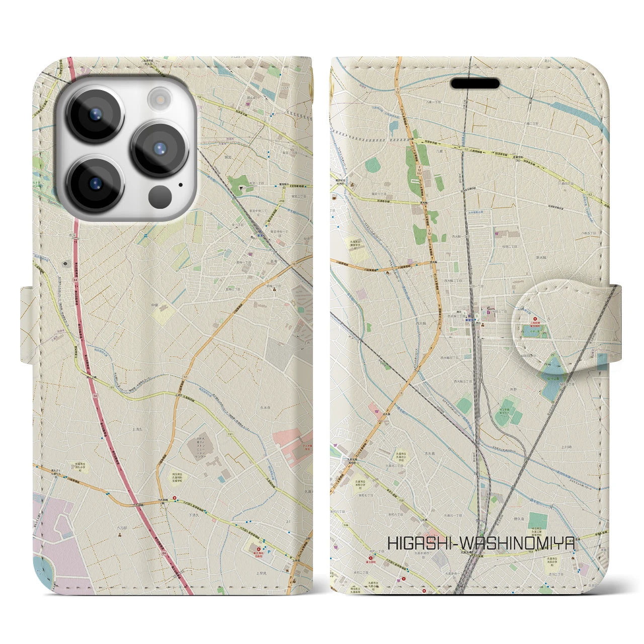 【東鷲宮】地図柄iPhoneケース（手帳両面タイプ・ナチュラル）iPhone 14 Pro 用