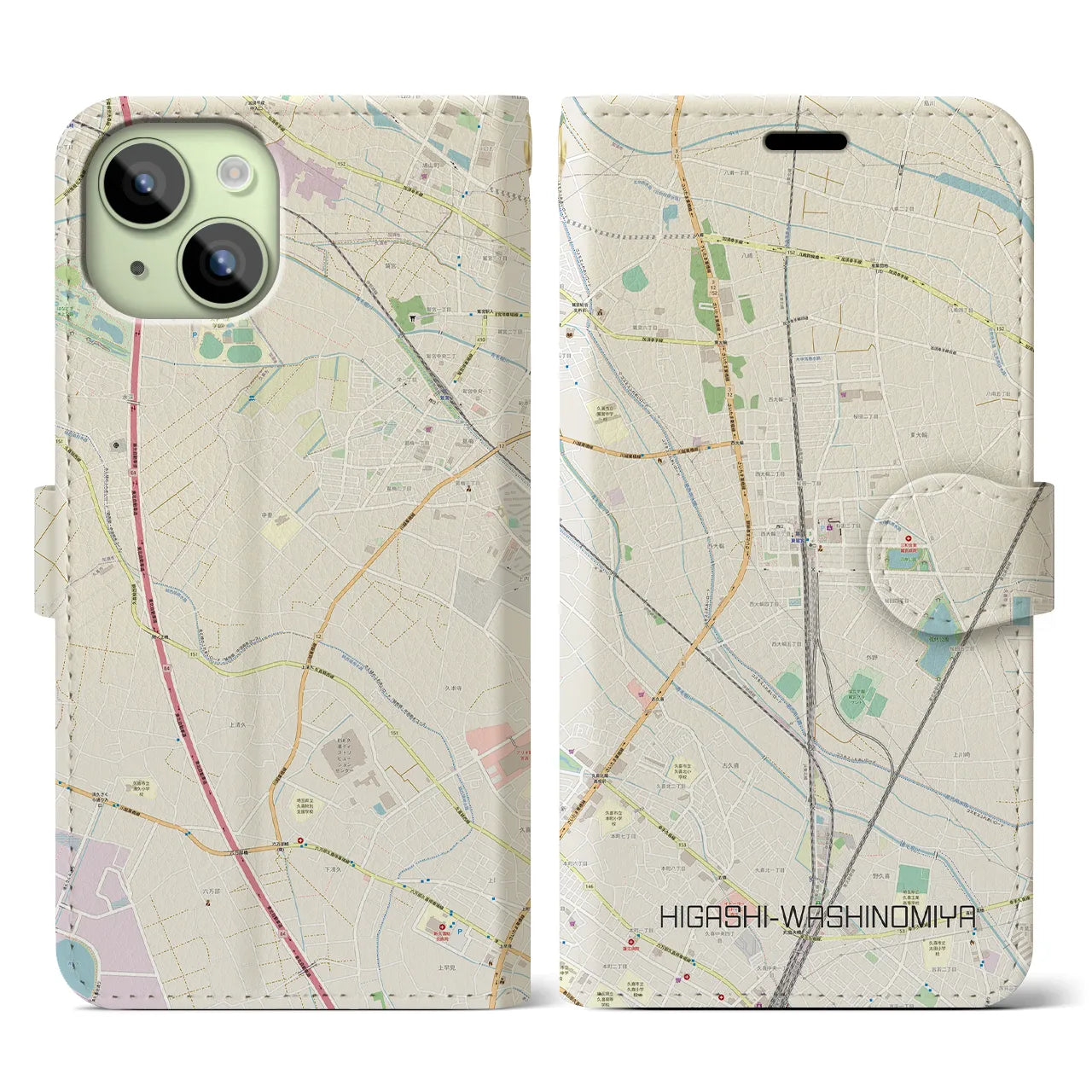 【東鷲宮】地図柄iPhoneケース（手帳両面タイプ・ナチュラル）iPhone 15 用