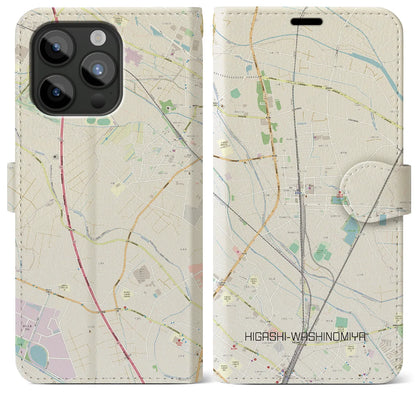 【東鷲宮（埼玉県）】地図柄iPhoneケース（手帳タイプ）ナチュラル・iPhone 15 Pro Max 用