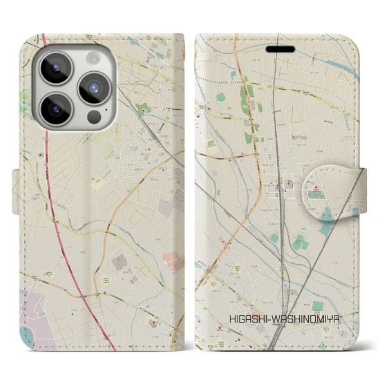 【東鷲宮】地図柄iPhoneケース（手帳両面タイプ・ナチュラル）iPhone 15 Pro 用