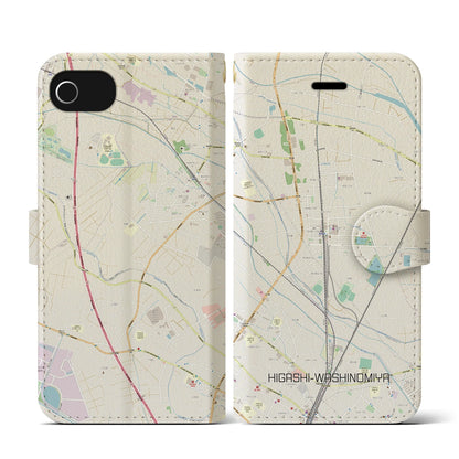 【東鷲宮（埼玉県）】地図柄iPhoneケース（手帳タイプ）ナチュラル・iPhone SE（第3 / 第2世代） / 8 / 7 / 6s / 6 用