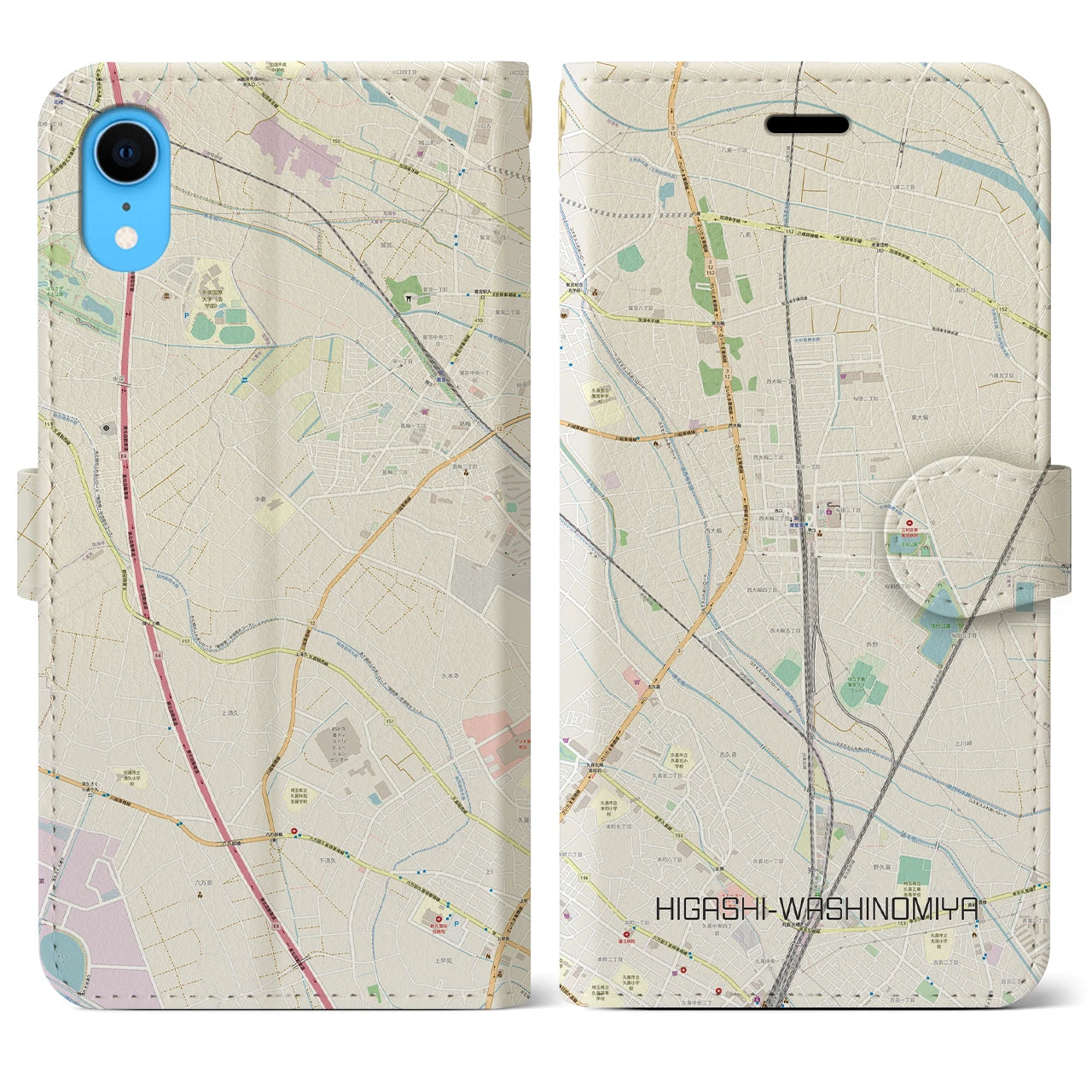 【東鷲宮】地図柄iPhoneケース（手帳両面タイプ・ナチュラル）iPhone XR 用