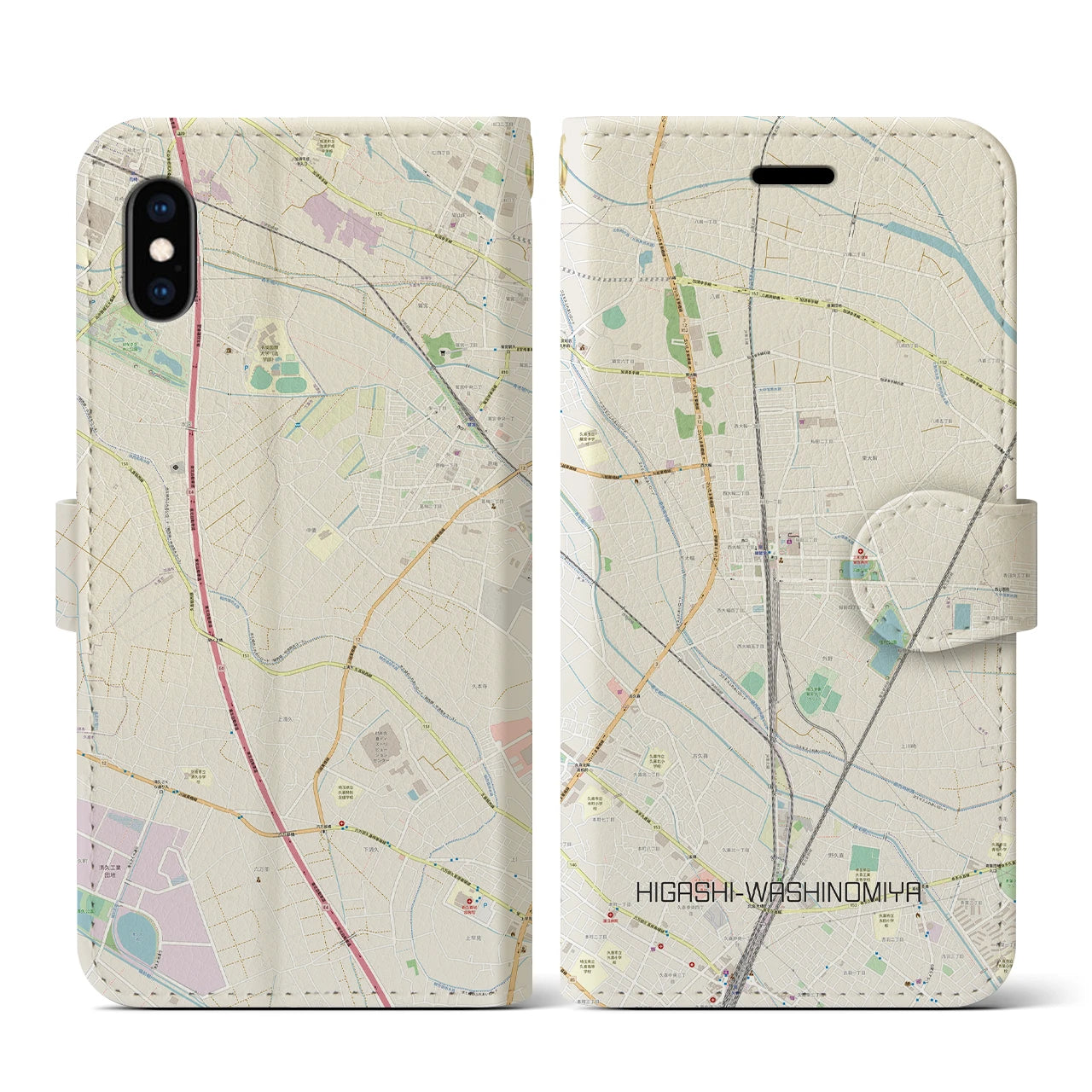 【東鷲宮】地図柄iPhoneケース（手帳両面タイプ・ナチュラル）iPhone XS / X 用