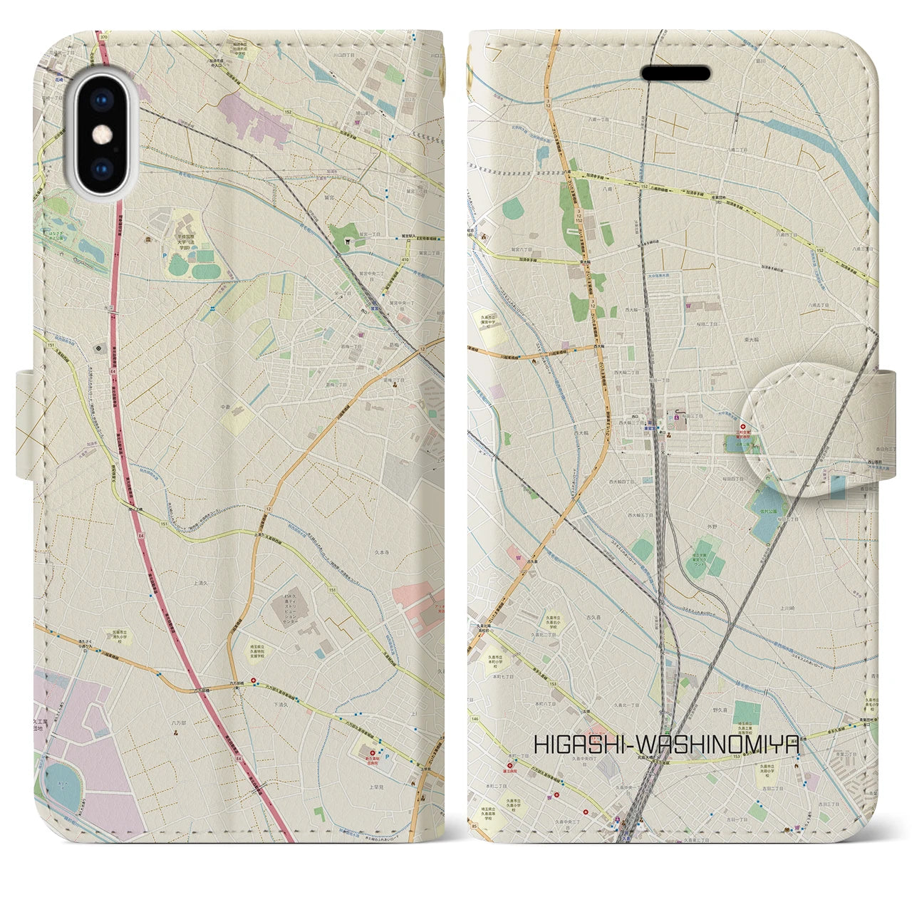 【東鷲宮】地図柄iPhoneケース（手帳両面タイプ・ナチュラル）iPhone XS Max 用