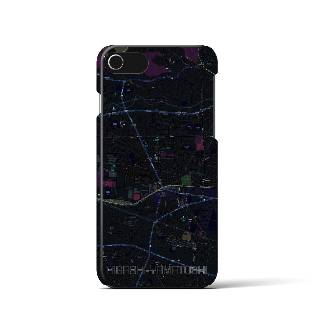 【東大和市】地図柄iPhoneケース（バックカバータイプ・ブラック）iPhone SE（第3 / 第2世代） / 8 / 7 / 6s / 6 用