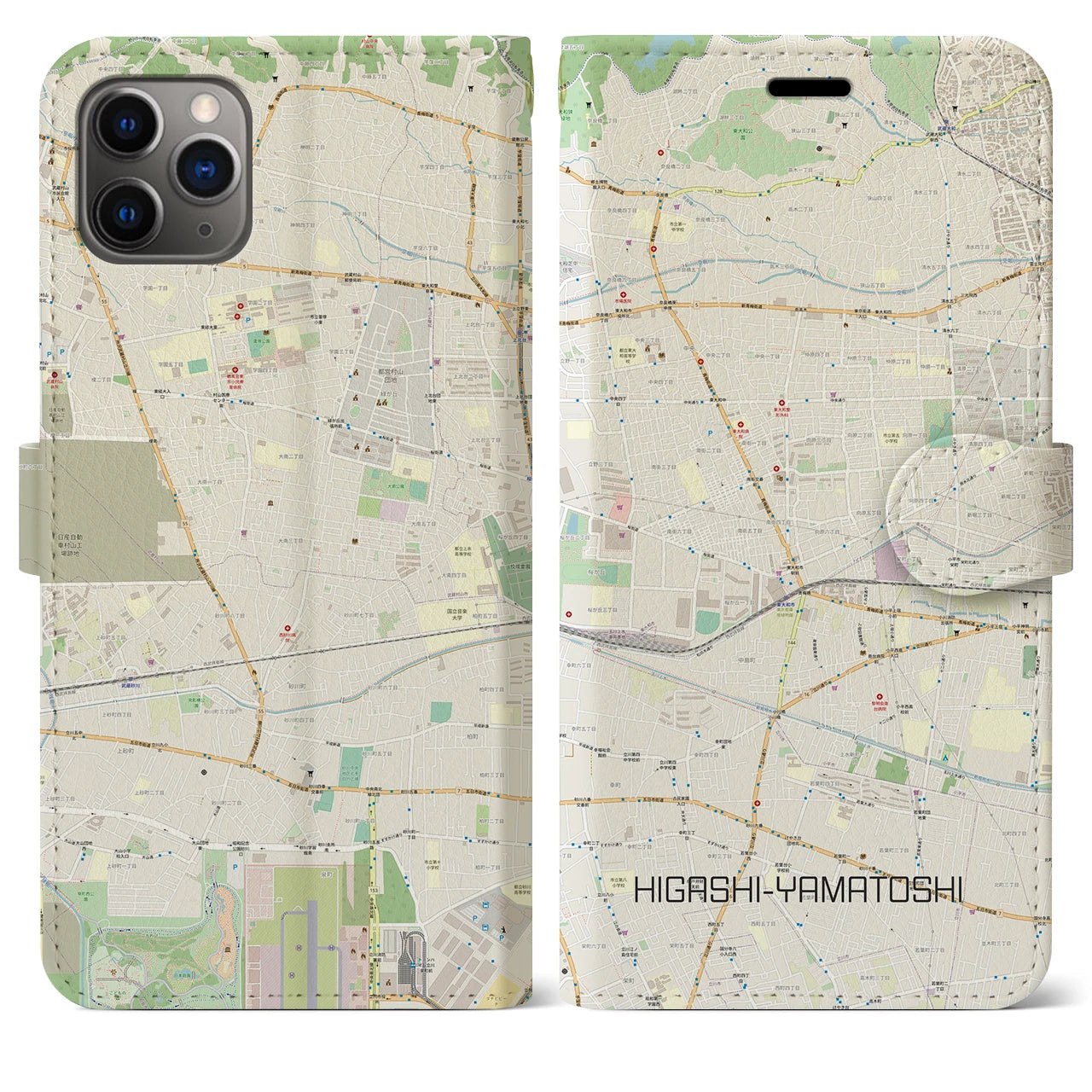 【東大和市】地図柄iPhoneケース（手帳両面タイプ・ナチュラル）iPhone 11 Pro Max 用