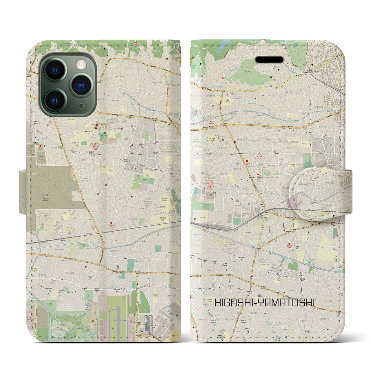 【東大和市】地図柄iPhoneケース（手帳両面タイプ・ナチュラル）iPhone 11 Pro 用