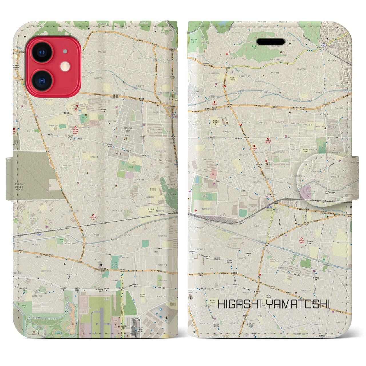 【東大和市】地図柄iPhoneケース（手帳両面タイプ・ナチュラル）iPhone 11 用