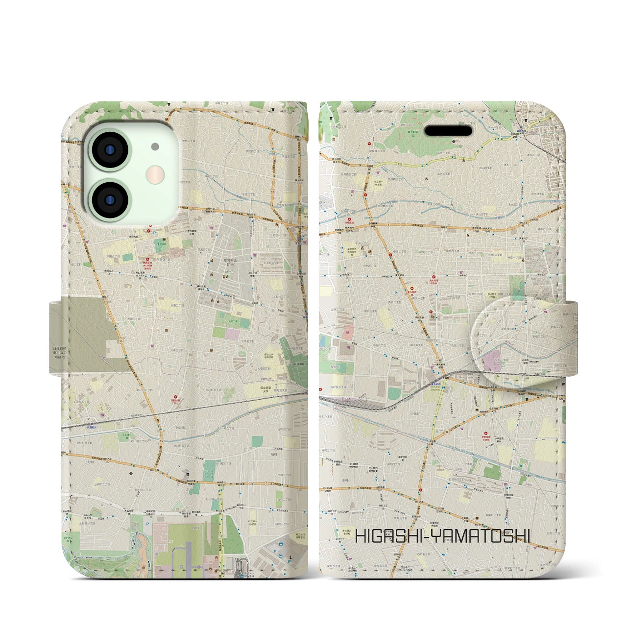 【東大和市】地図柄iPhoneケース（手帳両面タイプ・ナチュラル）iPhone 12 mini 用