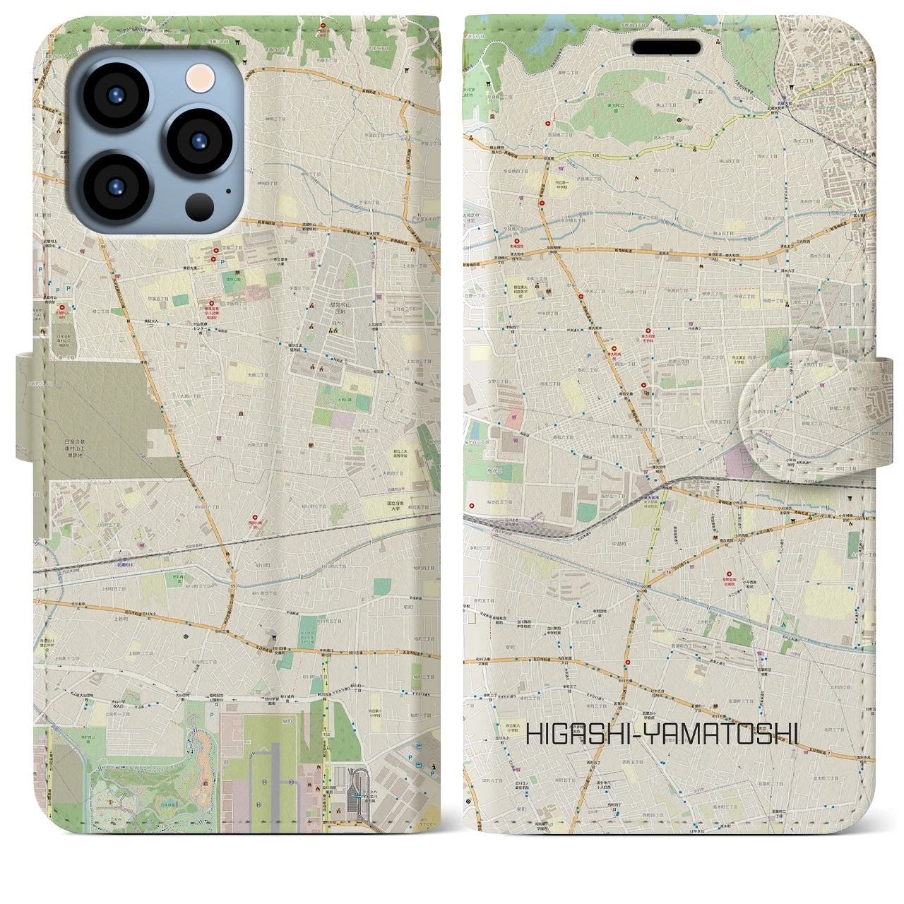 【東大和市】地図柄iPhoneケース（手帳両面タイプ・ナチュラル）iPhone 13 Pro Max 用