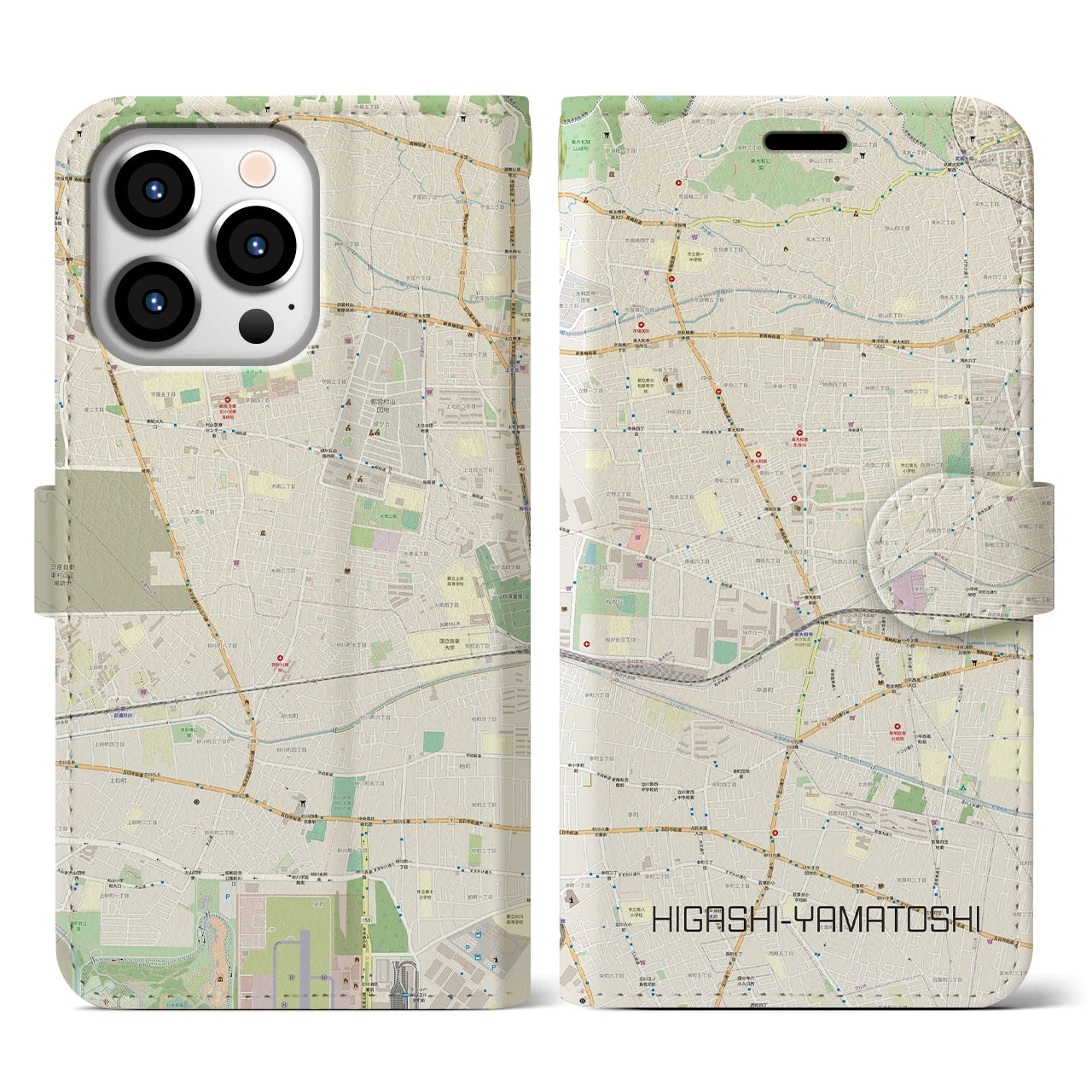 【東大和市】地図柄iPhoneケース（手帳両面タイプ・ナチュラル）iPhone 13 Pro 用