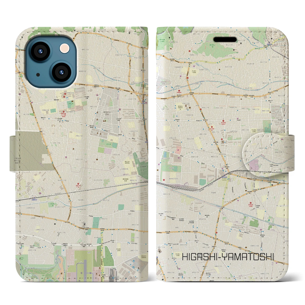 【東大和市】地図柄iPhoneケース（手帳両面タイプ・ナチュラル）iPhone 13 用