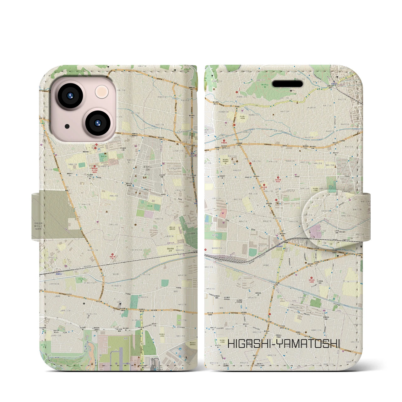 【東大和市】地図柄iPhoneケース（手帳両面タイプ・ナチュラル）iPhone 13 mini 用