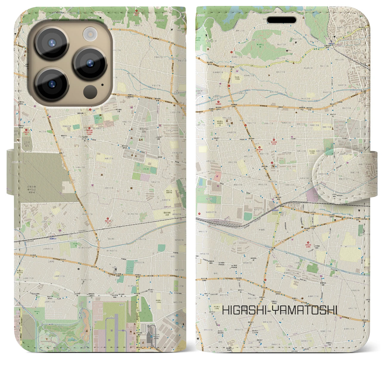【東大和市】地図柄iPhoneケース（手帳両面タイプ・ナチュラル）iPhone 14 Pro Max 用