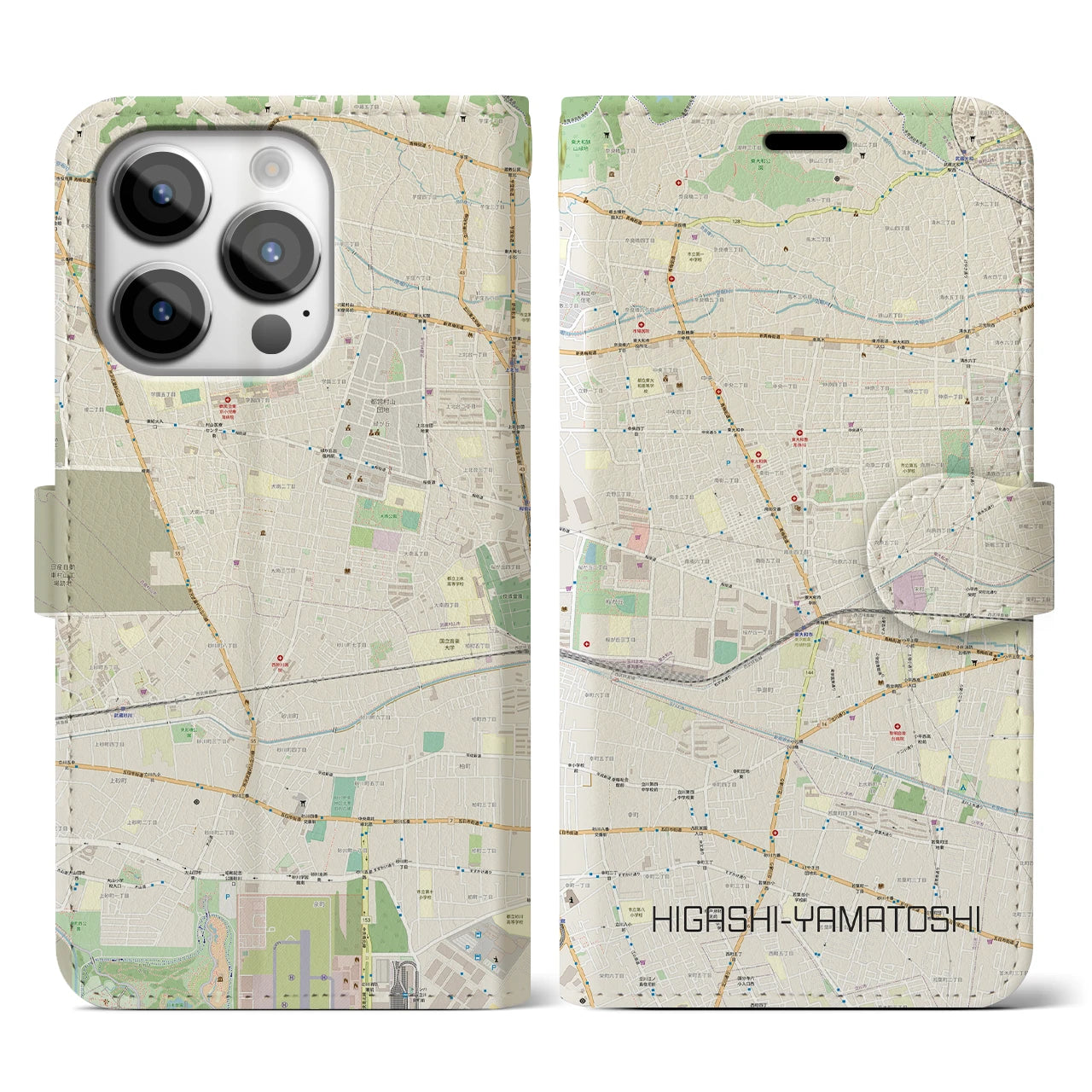 【東大和市】地図柄iPhoneケース（手帳両面タイプ・ナチュラル）iPhone 14 Pro 用
