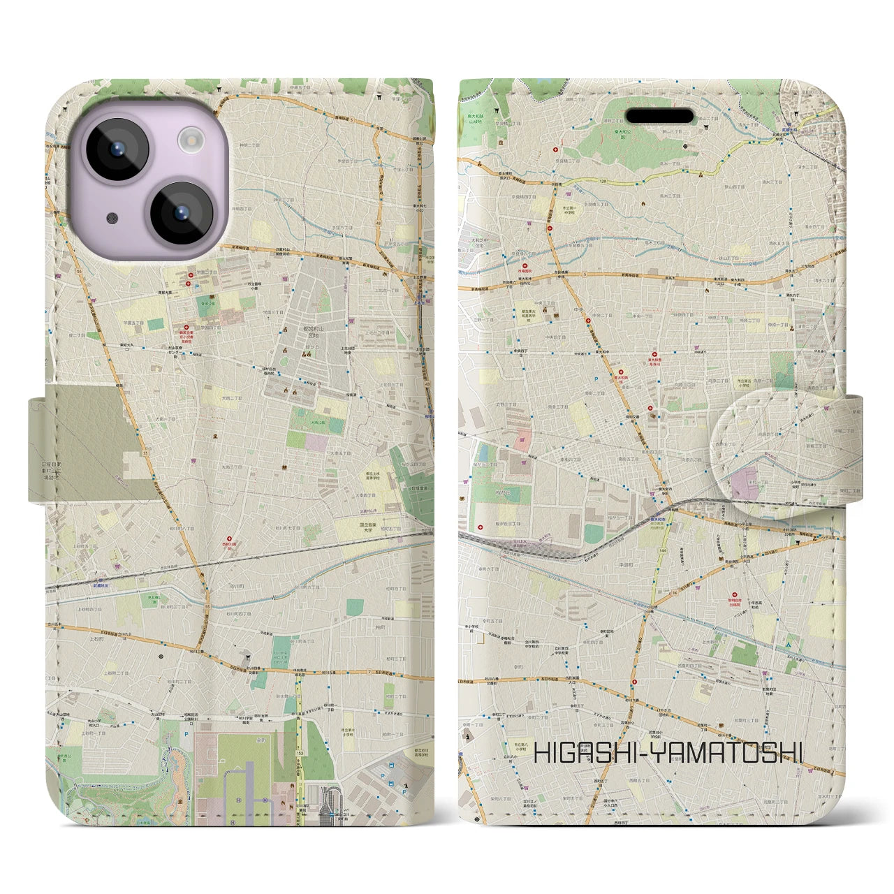 【東大和市】地図柄iPhoneケース（手帳両面タイプ・ナチュラル）iPhone 14 用