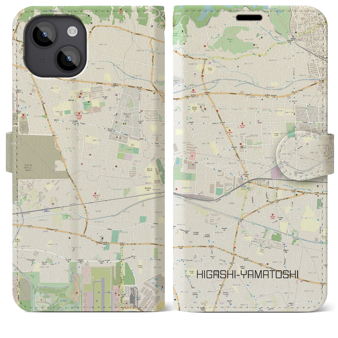 【東大和市】地図柄iPhoneケース（手帳両面タイプ・ナチュラル）iPhone 14 Plus 用