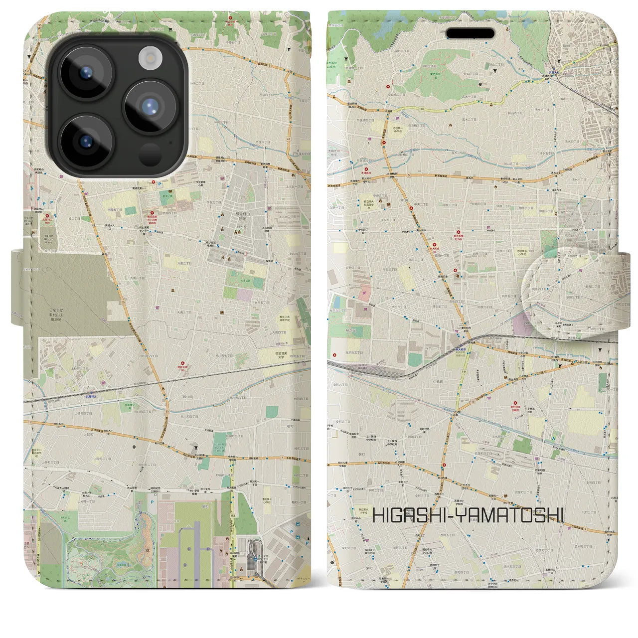 【東大和市】地図柄iPhoneケース（手帳両面タイプ・ナチュラル）iPhone 15 Pro Max 用