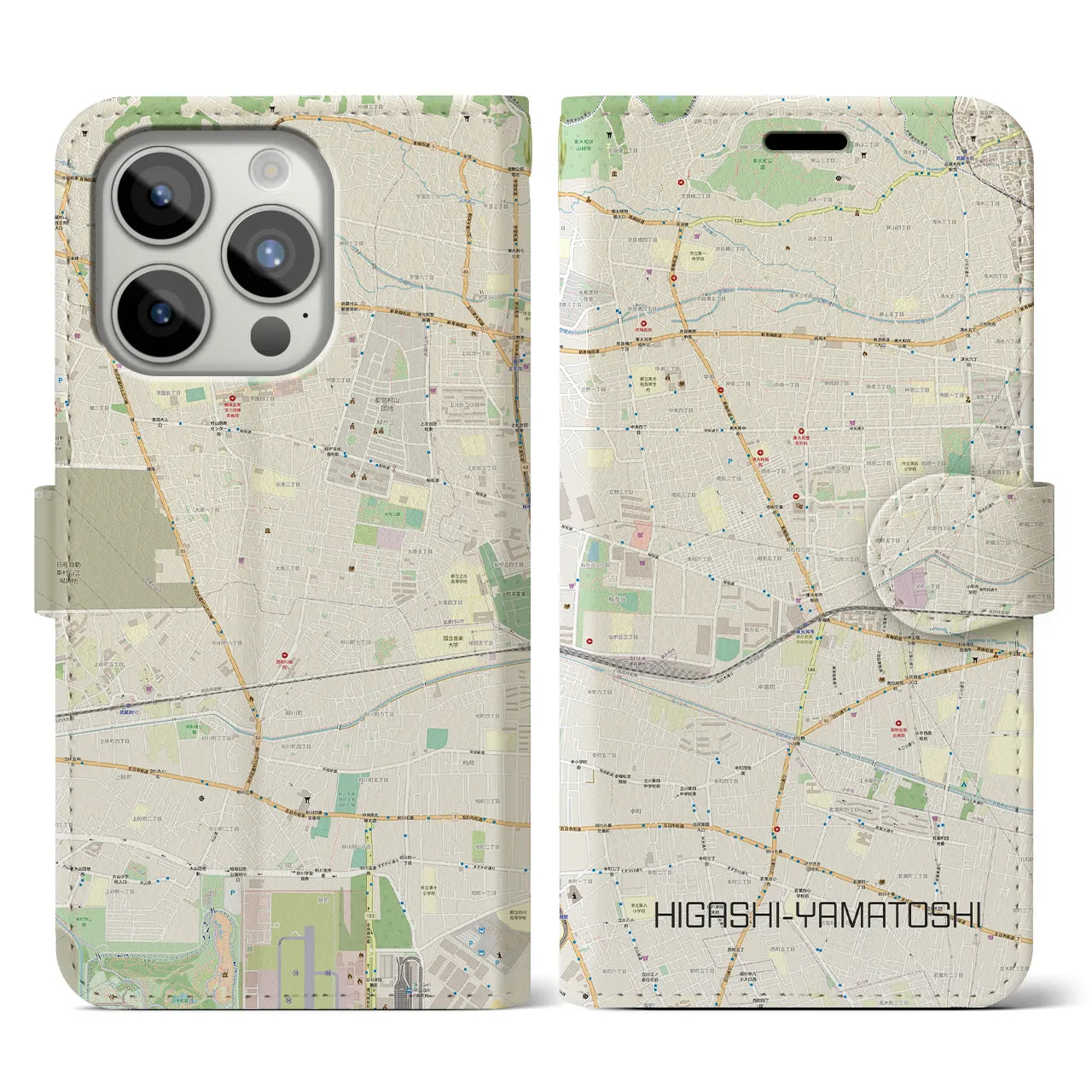 【東大和市】地図柄iPhoneケース（手帳両面タイプ・ナチュラル）iPhone 15 Pro 用