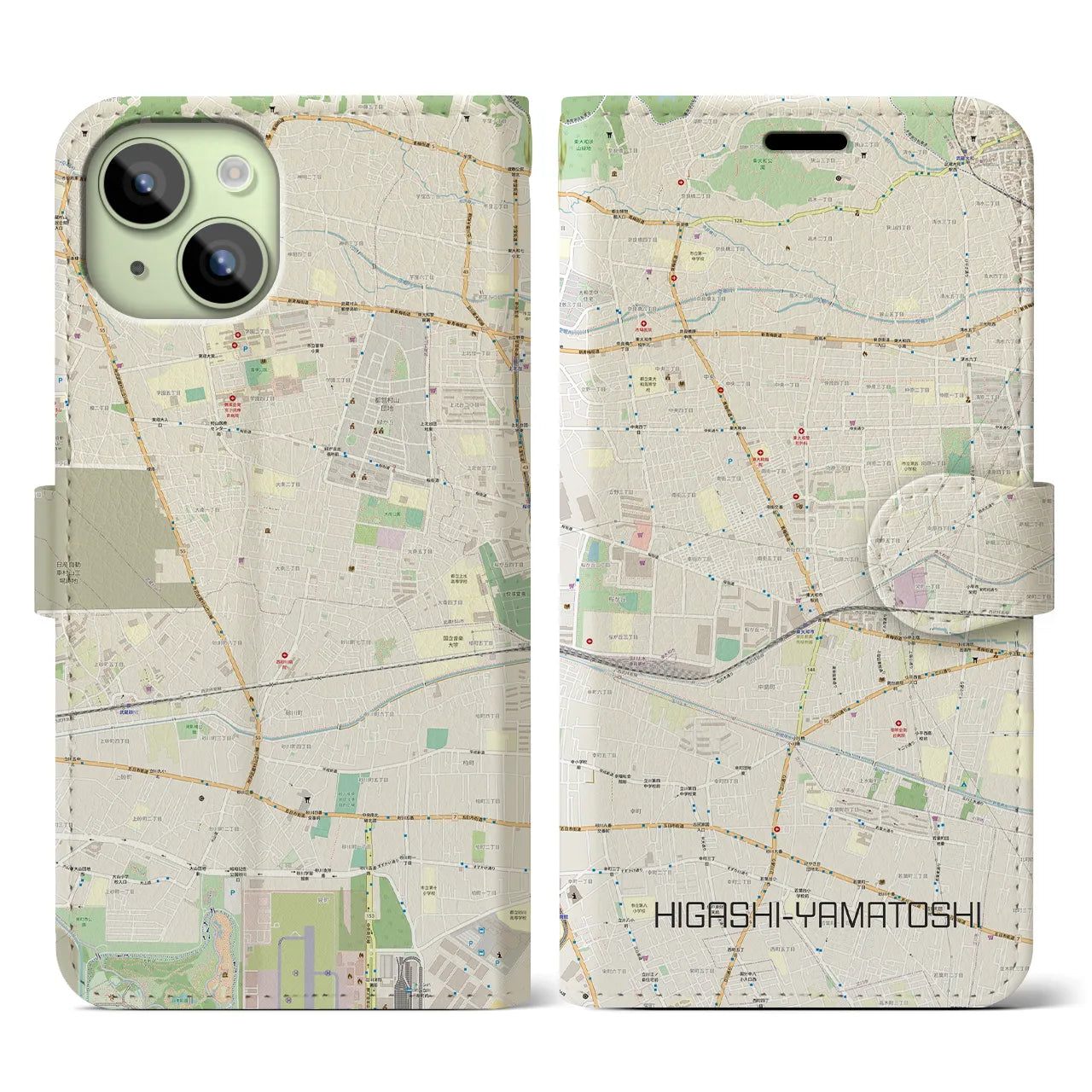 【東大和市】地図柄iPhoneケース（手帳両面タイプ・ナチュラル）iPhone 15 用