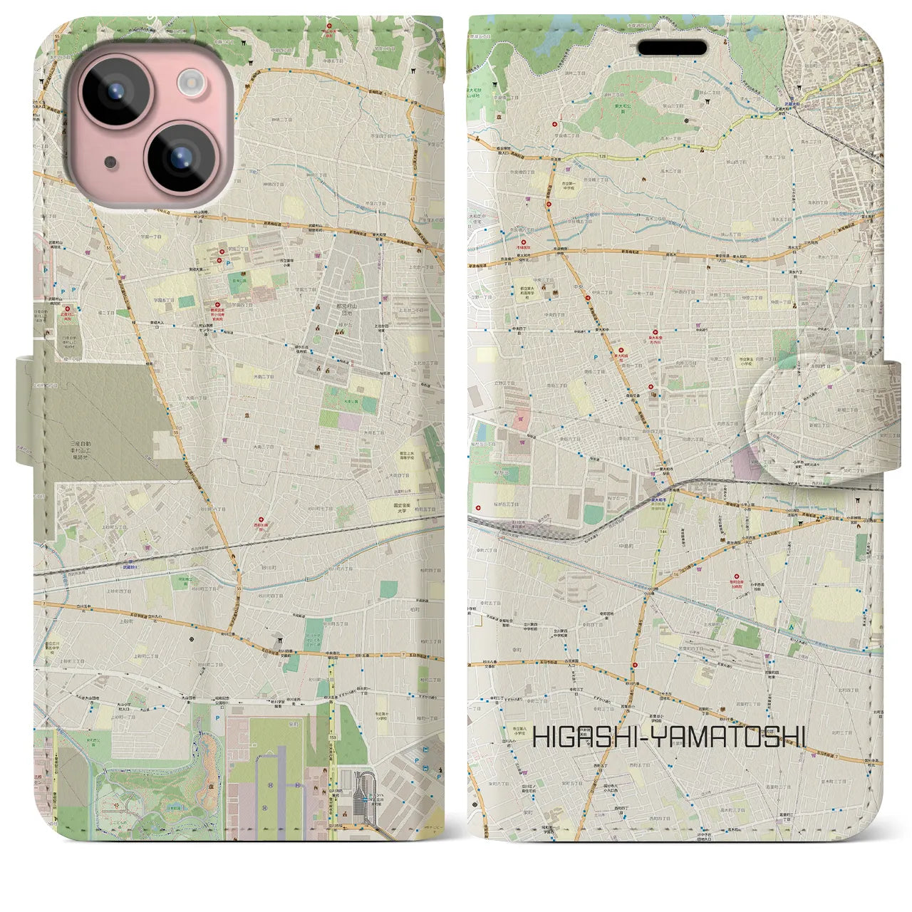 【東大和市】地図柄iPhoneケース（手帳両面タイプ・ナチュラル）iPhone 15 Plus 用