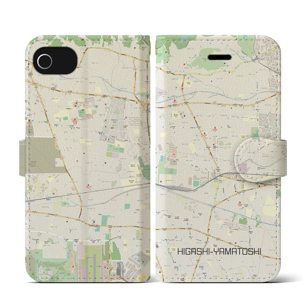 【東大和市】地図柄iPhoneケース（手帳両面タイプ・ナチュラル）iPhone SE（第3 / 第2世代） / 8 / 7 / 6s / 6 用