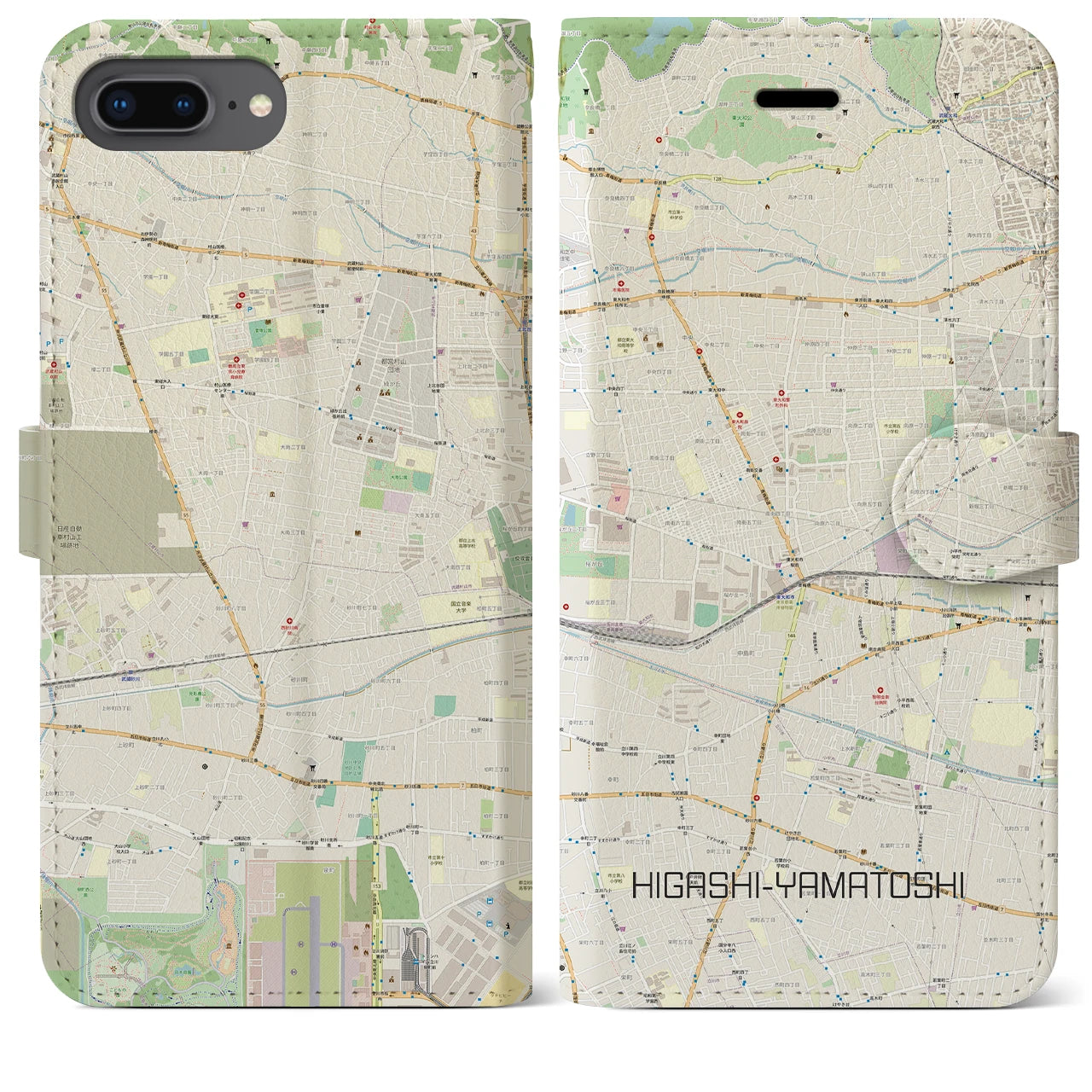 【東大和市】地図柄iPhoneケース（手帳両面タイプ・ナチュラル）iPhone 8Plus /7Plus / 6sPlus / 6Plus 用