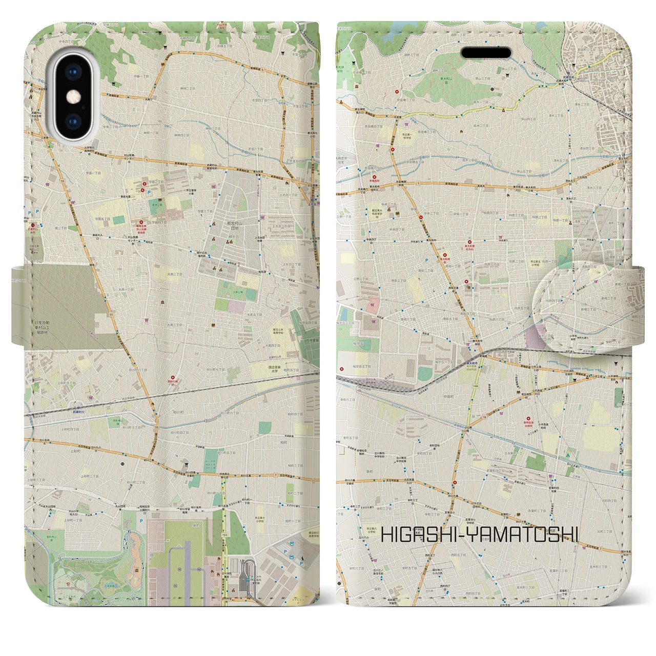 【東大和市】地図柄iPhoneケース（手帳両面タイプ・ナチュラル）iPhone XS Max 用