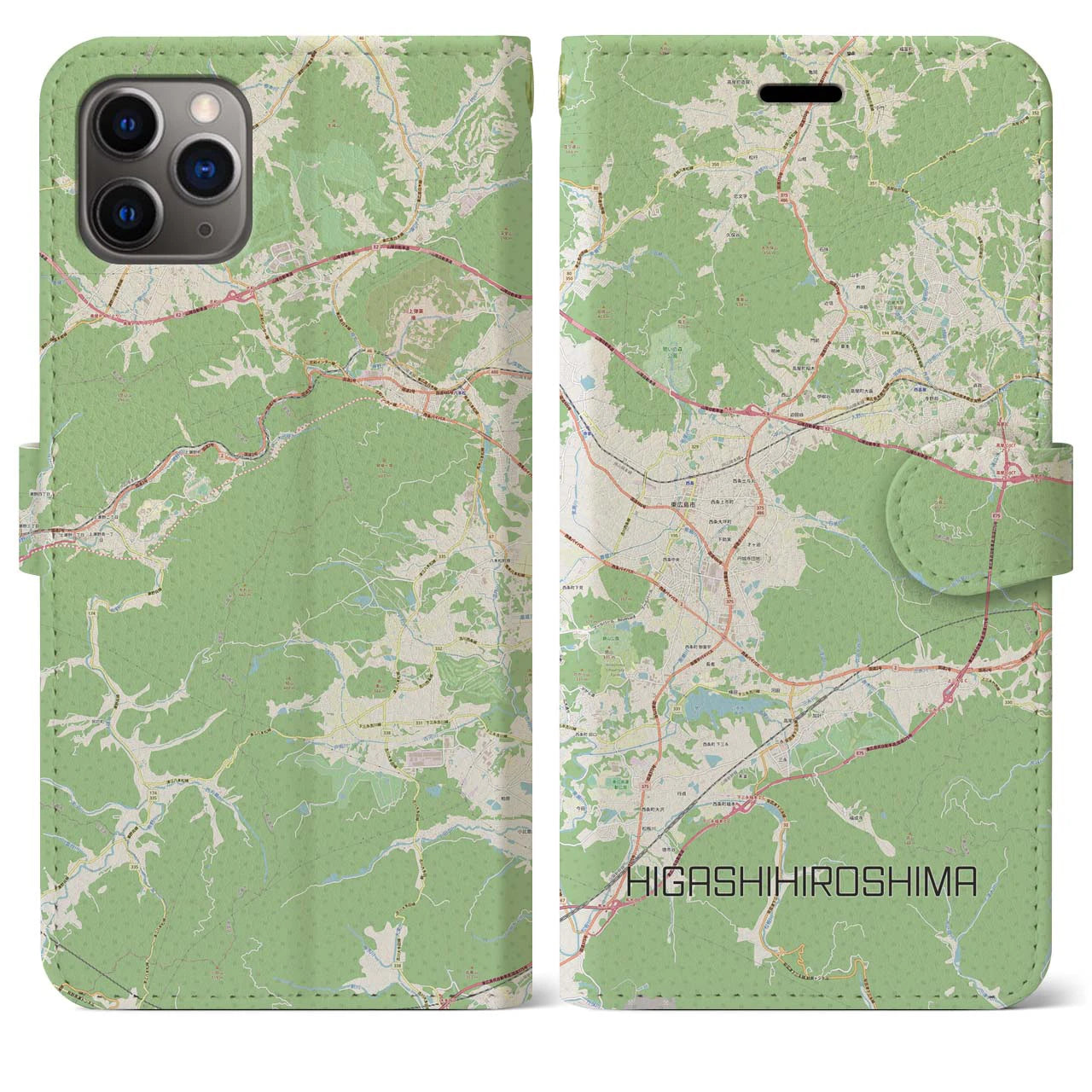 【東広島】地図柄iPhoneケース（手帳両面タイプ・ナチュラル）iPhone 11 Pro Max 用