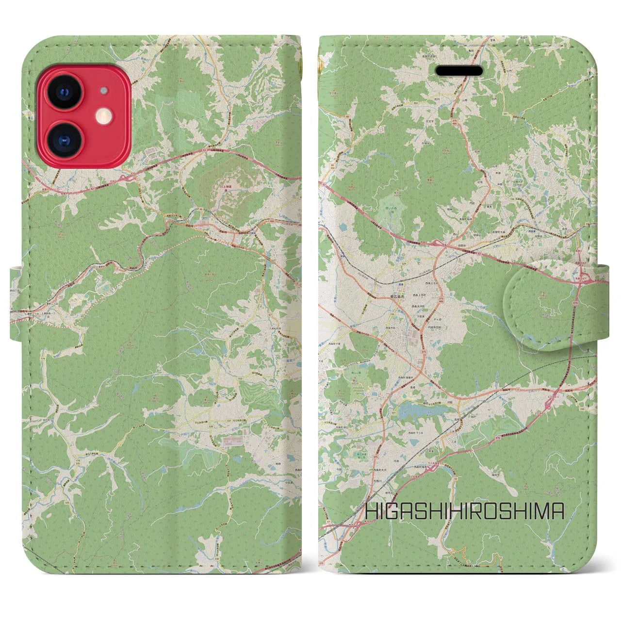 【東広島】地図柄iPhoneケース（手帳両面タイプ・ナチュラル）iPhone 11 用