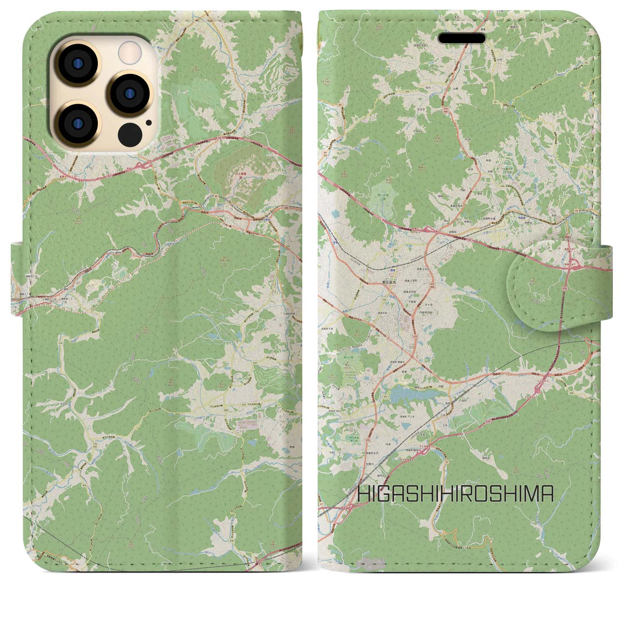 【東広島】地図柄iPhoneケース（手帳両面タイプ・ナチュラル）iPhone 12 Pro Max 用