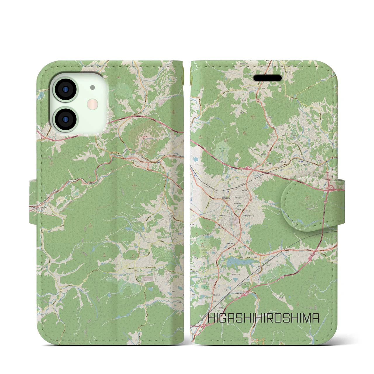 【東広島】地図柄iPhoneケース（手帳両面タイプ・ナチュラル）iPhone 12 mini 用