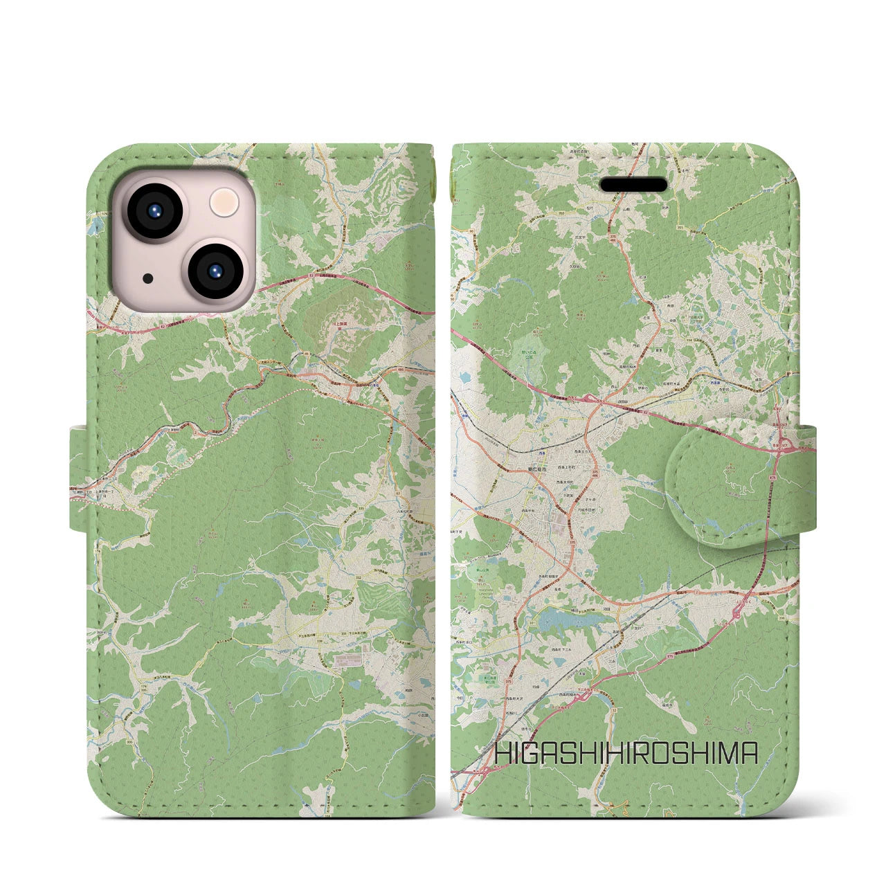 【東広島】地図柄iPhoneケース（手帳両面タイプ・ナチュラル）iPhone 13 mini 用