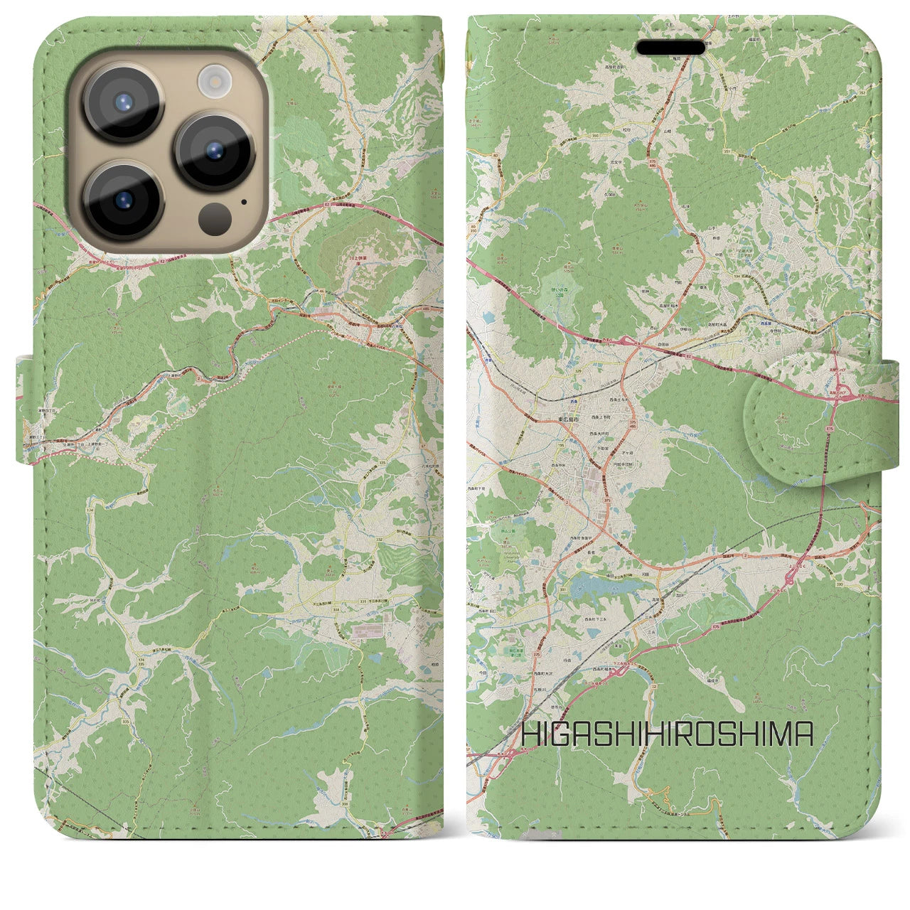 【東広島】地図柄iPhoneケース（手帳両面タイプ・ナチュラル）iPhone 14 Pro Max 用