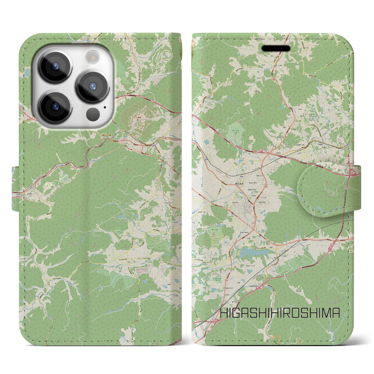 【東広島】地図柄iPhoneケース（手帳両面タイプ・ナチュラル）iPhone 14 Pro 用
