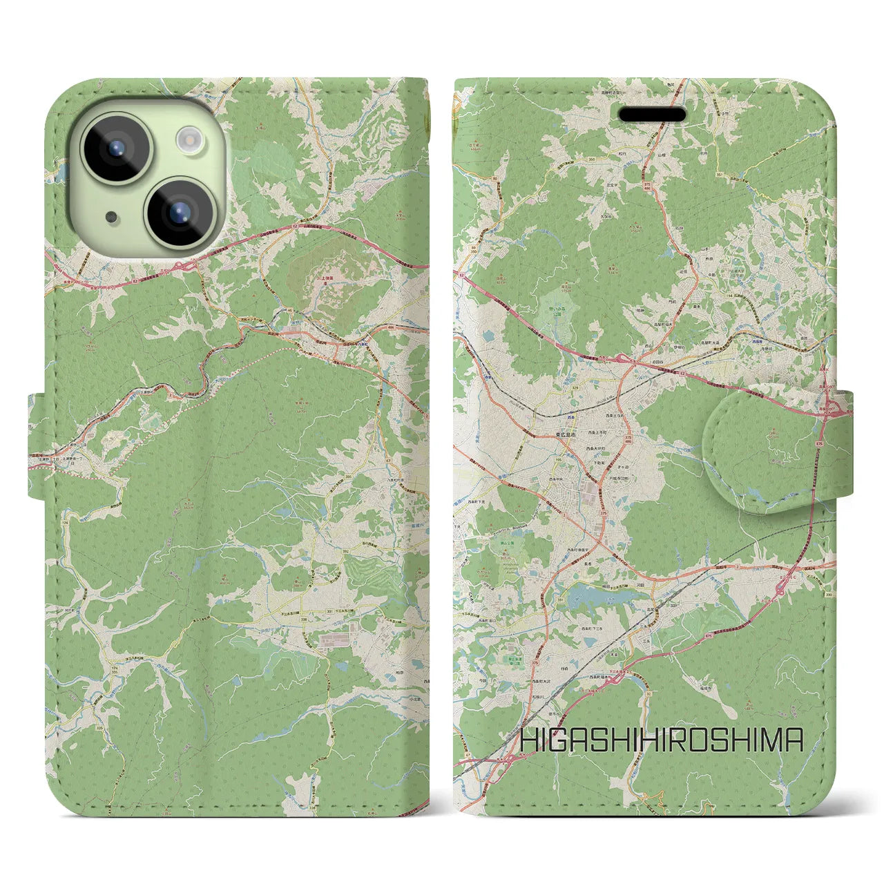 【東広島】地図柄iPhoneケース（手帳両面タイプ・ナチュラル）iPhone 15 用
