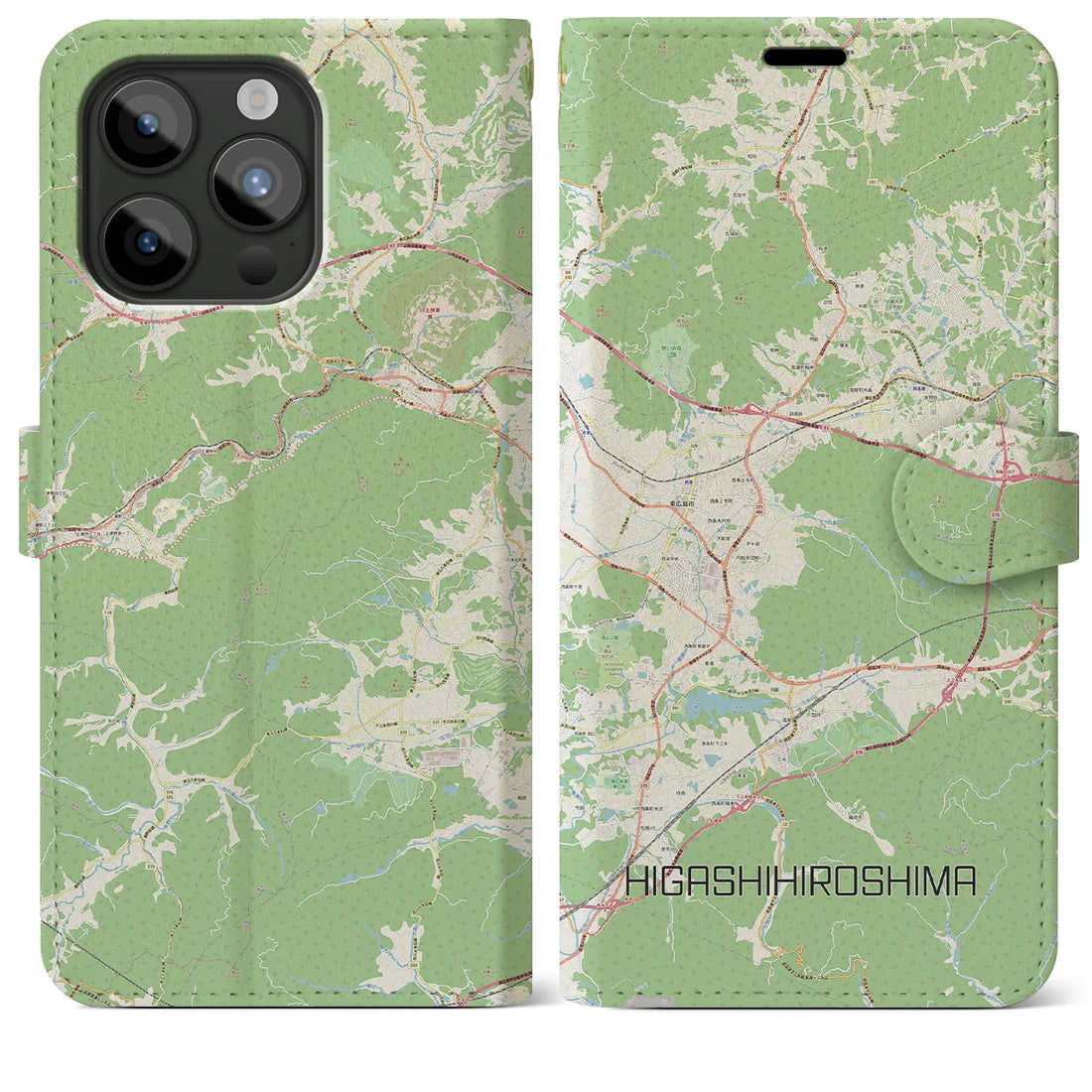 【東広島】地図柄iPhoneケース（手帳両面タイプ・ナチュラル）iPhone 15 Pro Max 用