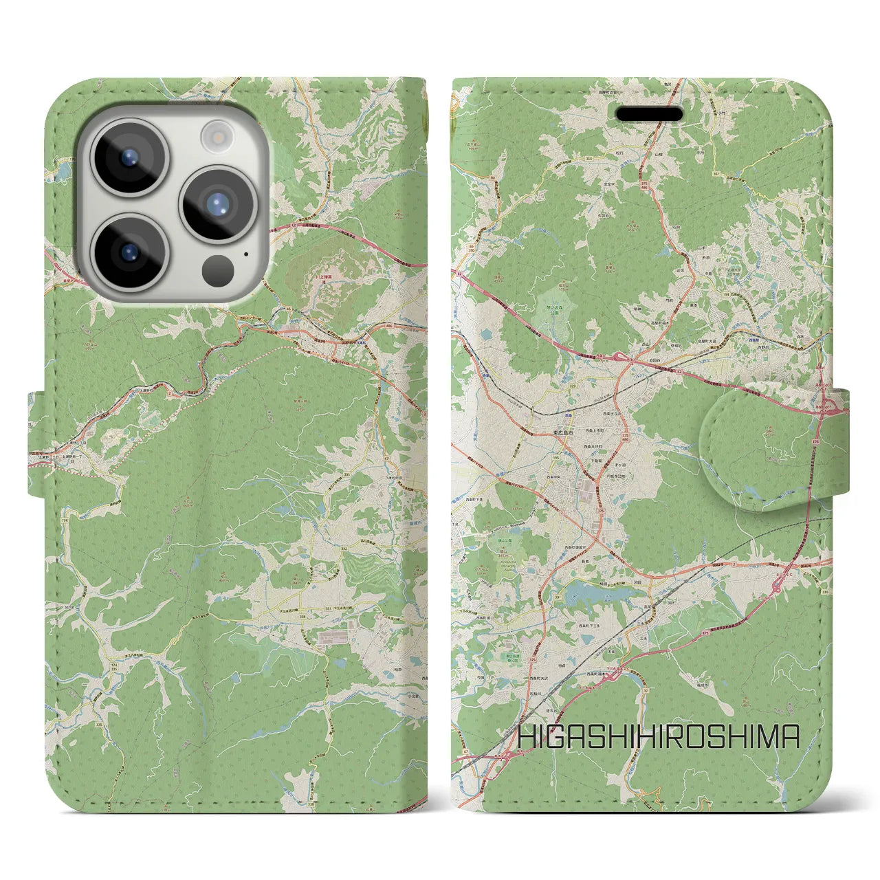 【東広島】地図柄iPhoneケース（手帳両面タイプ・ナチュラル）iPhone 15 Pro 用