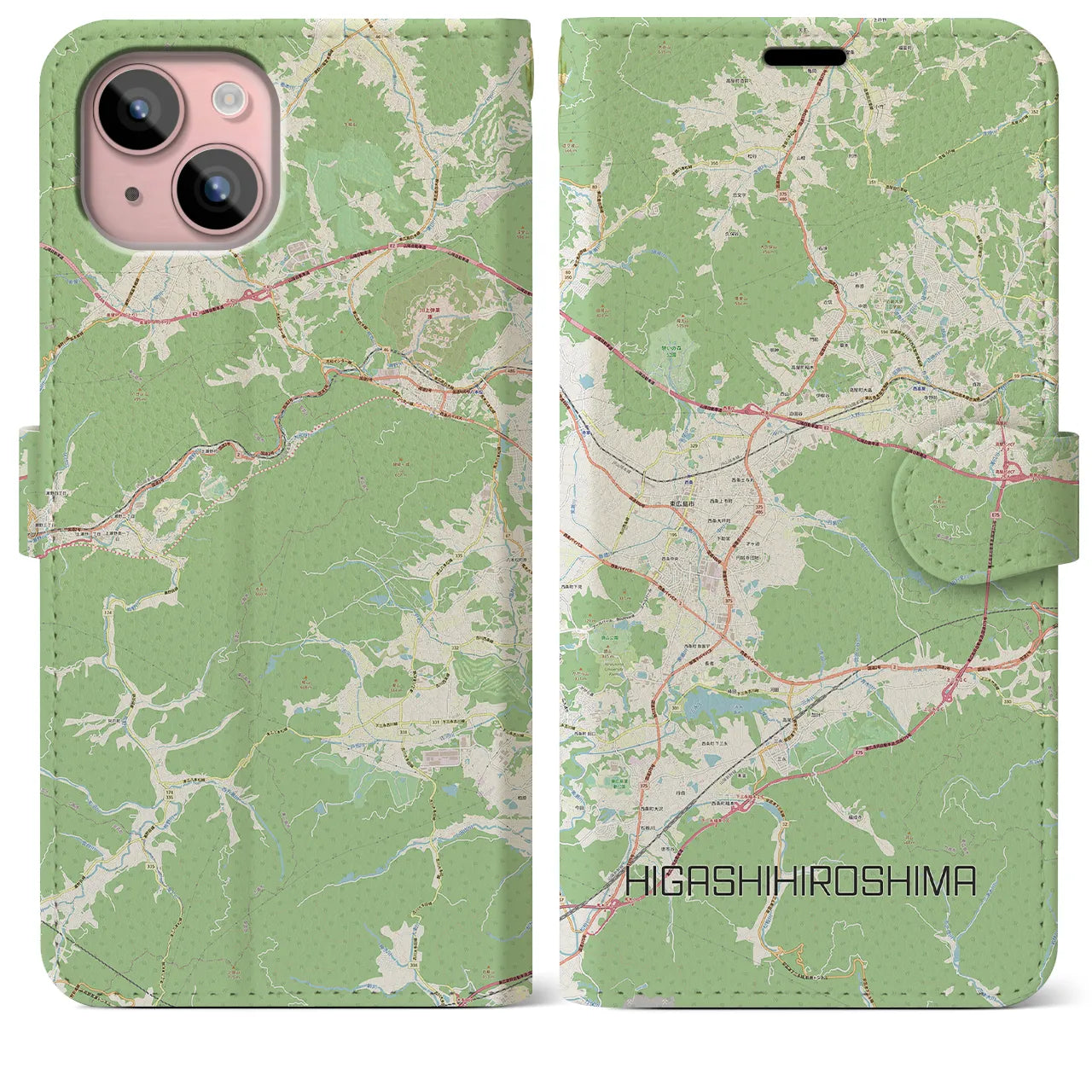 【東広島】地図柄iPhoneケース（手帳両面タイプ・ナチュラル）iPhone 15 Plus 用