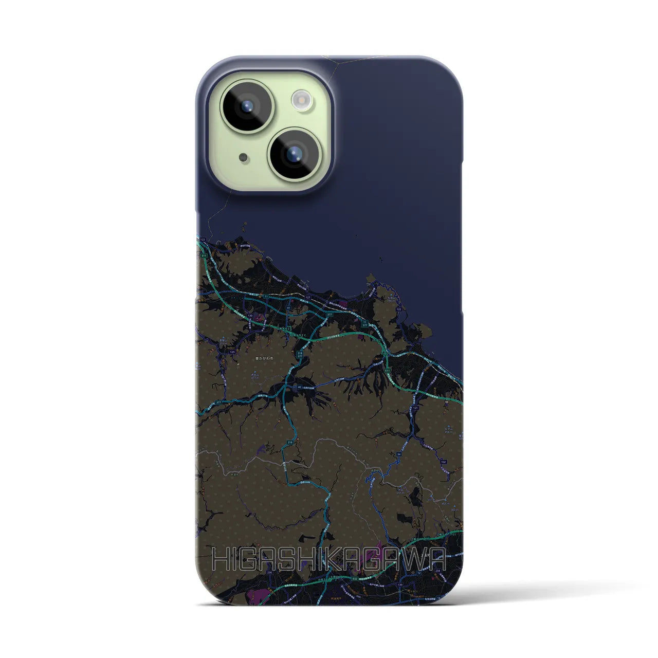 【東かがわ】地図柄iPhoneケース（バックカバータイプ・ブラック）iPhone 15 用