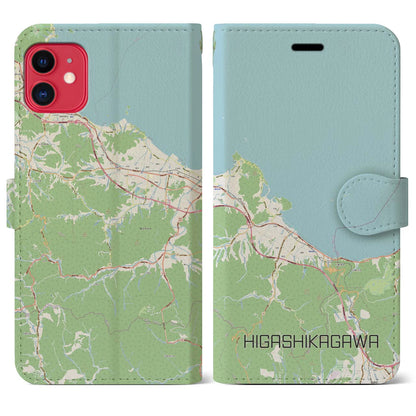 【東かがわ（香川県）】地図柄iPhoneケース（手帳タイプ）ナチュラル・iPhone 11 用