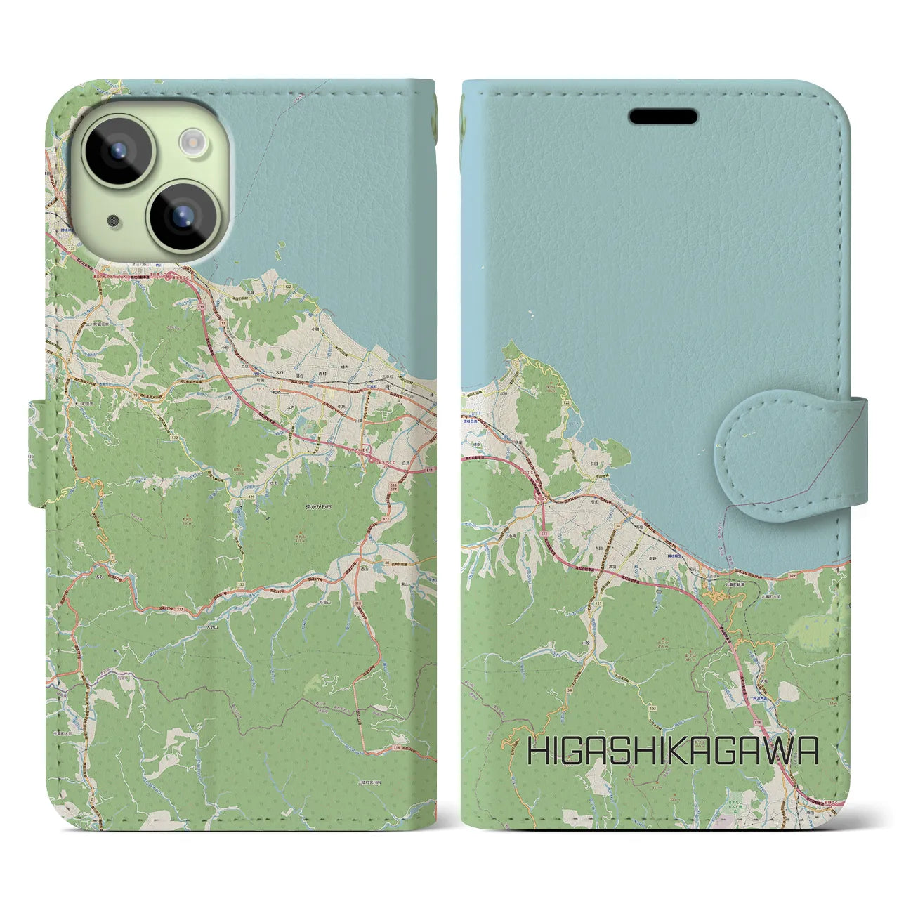 【東かがわ】地図柄iPhoneケース（手帳両面タイプ・ナチュラル）iPhone 15 用