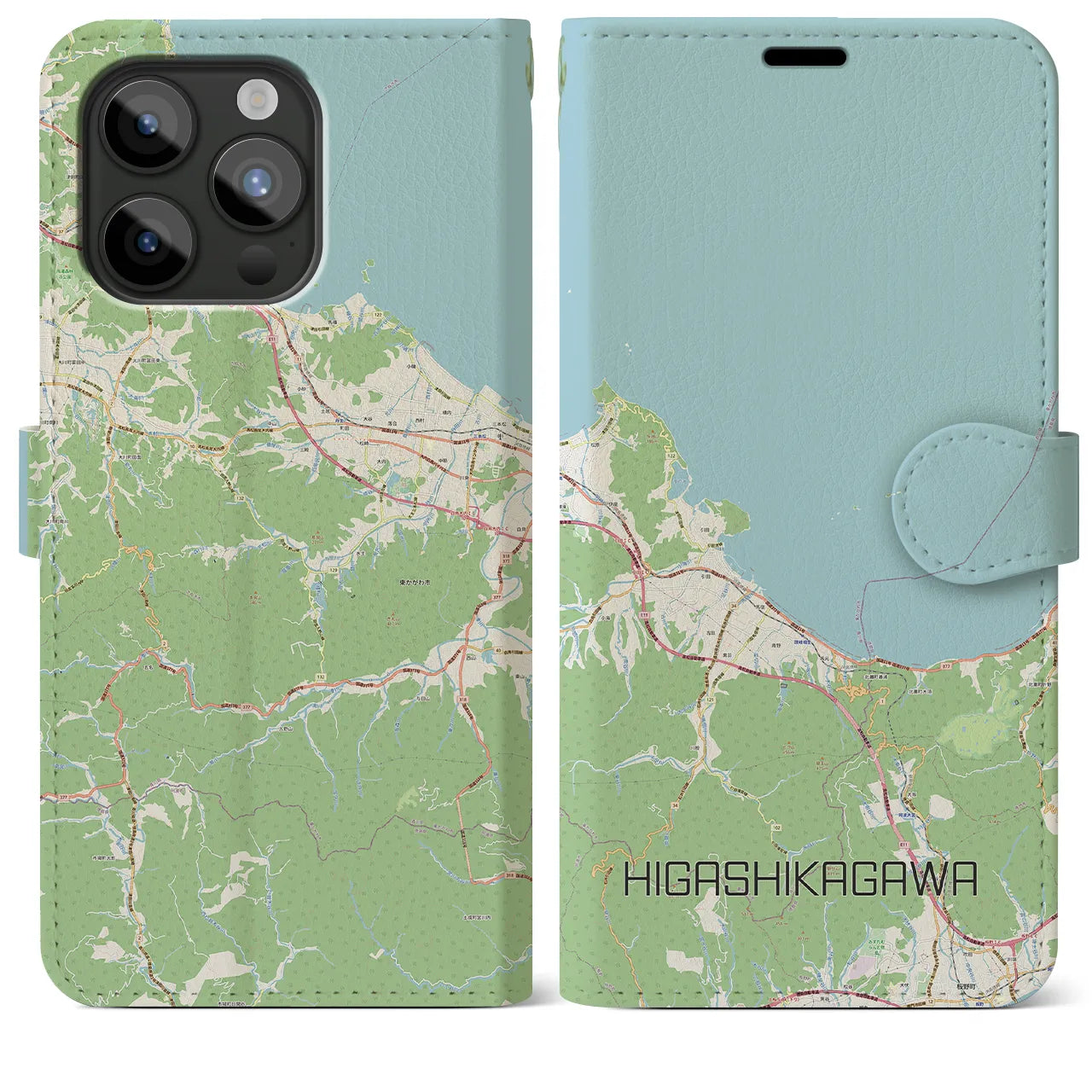 【東かがわ】地図柄iPhoneケース（手帳両面タイプ・ナチュラル）iPhone 15 Pro Max 用