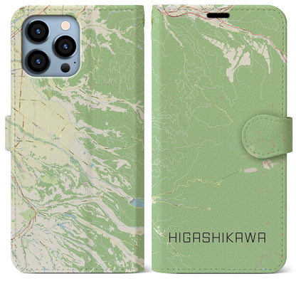 【東川（北海道）】地図柄iPhoneケース（手帳タイプ）ナチュラル・iPhone 13 Pro Max 用