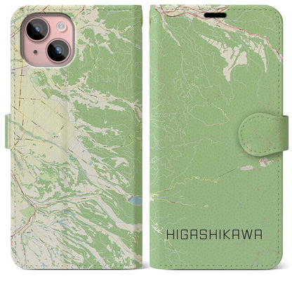 【東川（北海道）】地図柄iPhoneケース（手帳タイプ）ナチュラル・iPhone 15 Plus 用