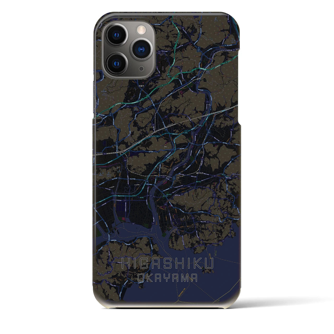 【東区（岡山市）】地図柄iPhoneケース（バックカバータイプ・ブラック）iPhone 11 Pro Max 用